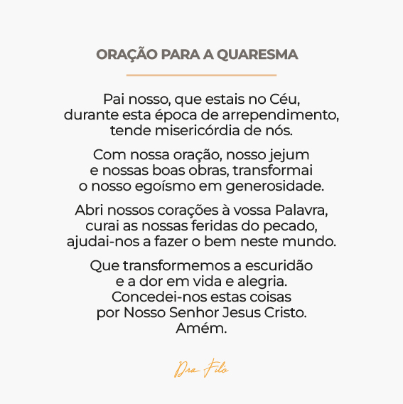 Bom dia, irmãos e irmãs!

Gostaria de compartilhar com vocês a Oração da Quaresma, como forma de oferecer nossas penitências e boas ações a Jesus Cristo.

Que vocês tenham uma ótima semana.

Fiquem com Deus.

#DraFiló #Deus #Fé #Oração #Quaresma #Penitência #Misericórdia