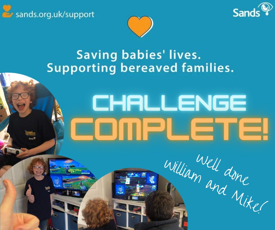 THANK YOU Mike and William for spending half-term raising awareness and funds for Sands with your gaming challenge! And to William's mum for organising!🧡💙

There's still time to donate! facebook.com/donate/4593852…

#teamsands #gamingforgood  #gaming #gamer #fortnite #rocketleague