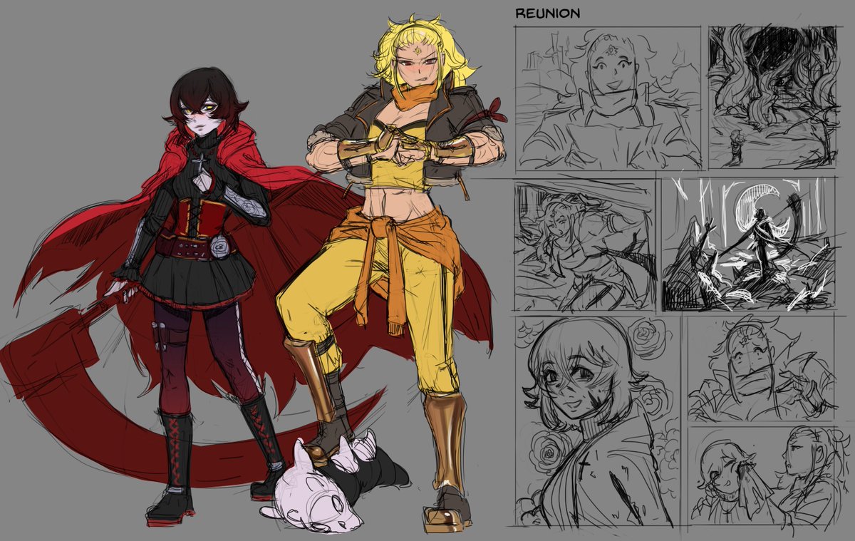 AncientMoonLad's tweet photo. I started watching rwby and got hit by the "im gonna redesign these characters" brainrot. Ruby is a proficient killer who lives in the woods with no common sense. Yang is her sister who visits her every now and then and tries to get her to live like a person https://t.co/gcFBaN3jyV