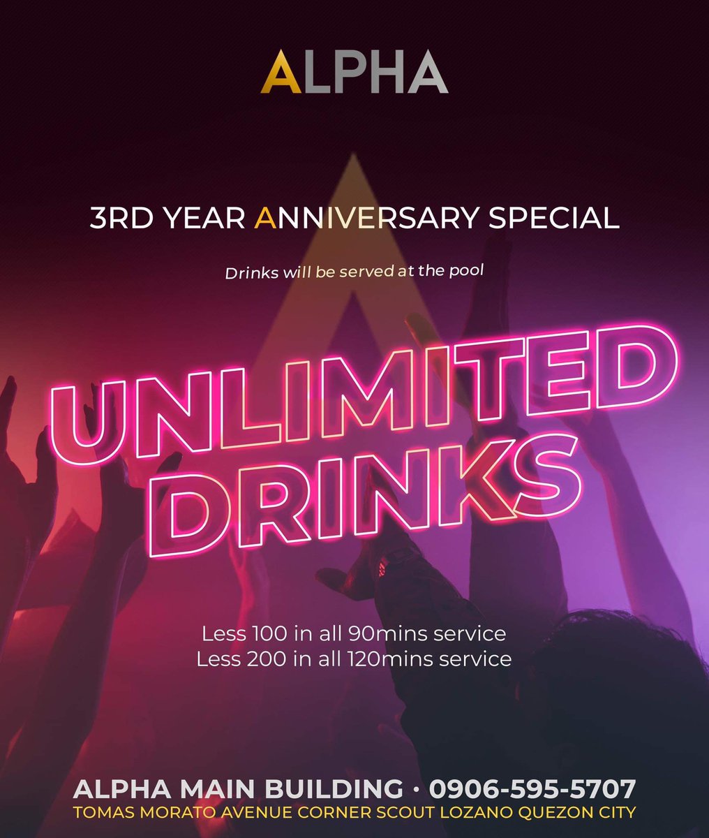 massage_alpha's tweet photo. Enjoy UNLIMITED DRINKS ALL DAY!

Pool Party starts 10PM-1AM at the wet arena! Drinks &amp; Pica pica will be served with ALL YOUR FAVORITE #AlphaMassage hosts!

Expect surprise celebrity guests

LESS 100PESOS IN ALL 90MINS
LESS 200PESOS IN ALL 120MINS

Doors open 1PM! See y'all later https://t.co/7CxXKL3k0B