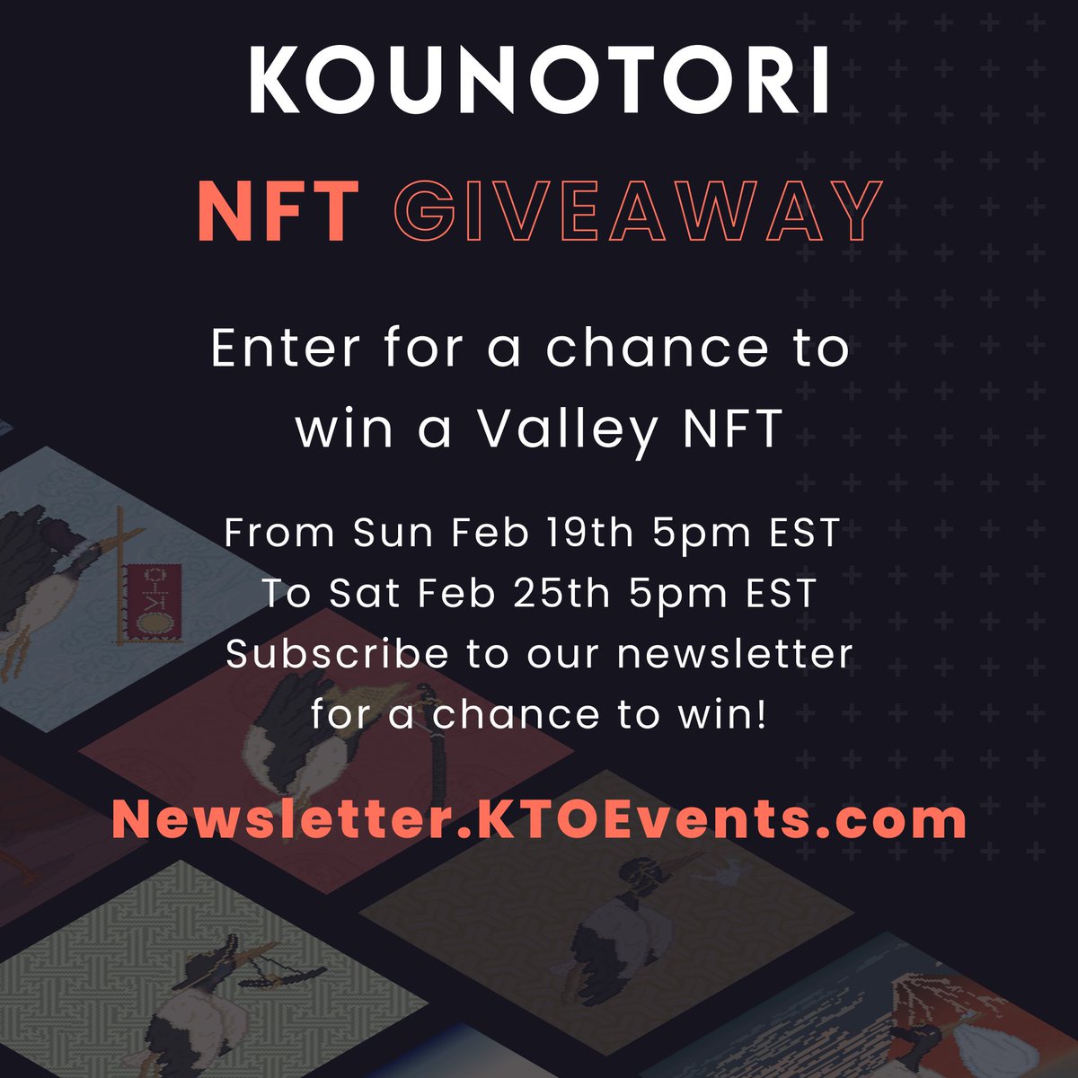KounotoriToken's tweet photo. We are giving away a Kounotori Valley #NFT to 5 lucky people! 

Signup for our newsletter between February 19, 5:00 PM EST and February 25, 5:00 PM EST to enter.

Good Luck!
👇
https://t.co/2MbrYiajdG 

#NFTGiveaway #KounotoriToken #KTO #LFG https://t.co/3y2xbLkuXQ