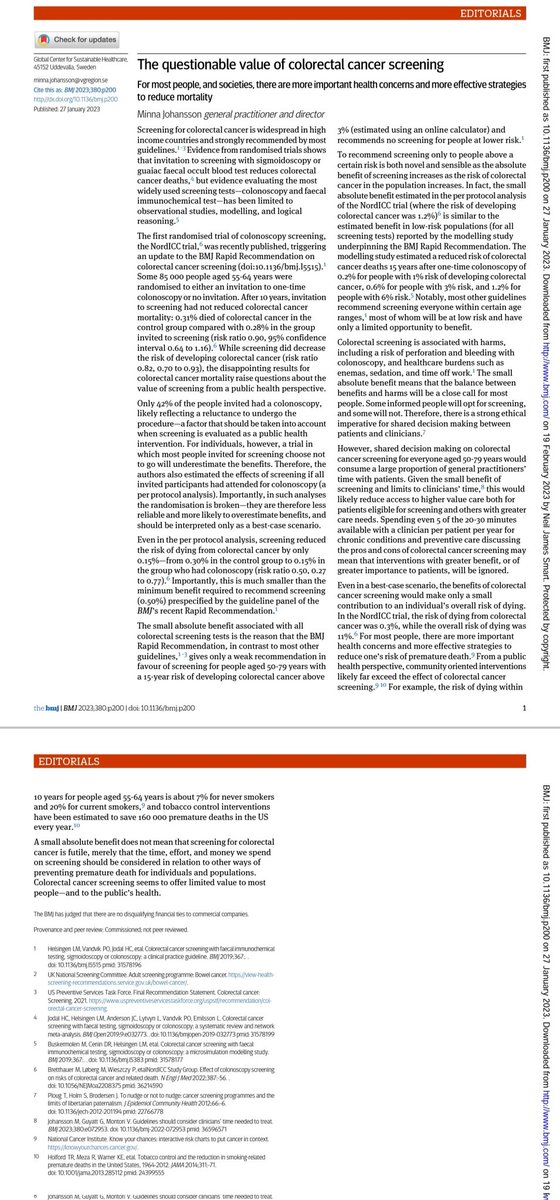 A brilliant, measured &amp; thought provoking editorial on CRC screening in <a href="/bmj_latest/">The BMJ</a>. A marked contrast to the hyperbole from some in light of NordICC.

When considering all cause mortality &amp; not just disease specific mortality it gets even more complex. 

bmj.com/content/380/bm…