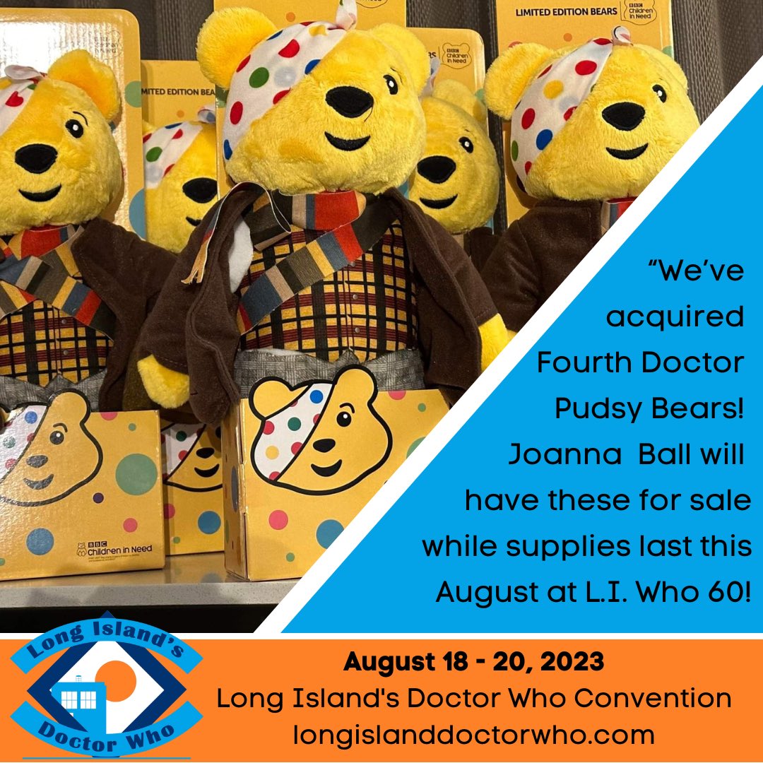 We’ve acquired a few Fourth Doctor Pudsy Bears. 

Joanna Ball will have these for sale while supplies last this August at L.I. Who 60!

longislanddoctorwho.com

#LIWho60 #LIWho #DoctorWho #childreninneed #pudsey #pudsybear