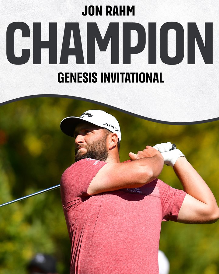 Genesis Invitational champion graphic featuring photo of Jon Rahm's backswing.
