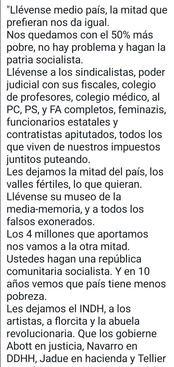 lguerrero1964's tweet photo. Chile Capitalista y Chile Socialista

No sé quién lo escribió, pero está genial...me sumo!!

"Llévense medio país, la mitad que prefieran nos da igual.
Nos quedamos con el 50 % más pobre, no hay problema y hagan la patria socialista..." https://t.co/Gk49Xqo2yq
