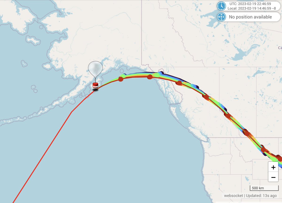 Alaska airspace was just penetrated by the next amateur balloon.  What will happen?  The rainbow lines are where it may drift in the future.
Track it live (if it lives on) here: amateur.sondehub.org/#!mt=Mapnik&mz… #balloonshotdown #balloongate #weatherballoons