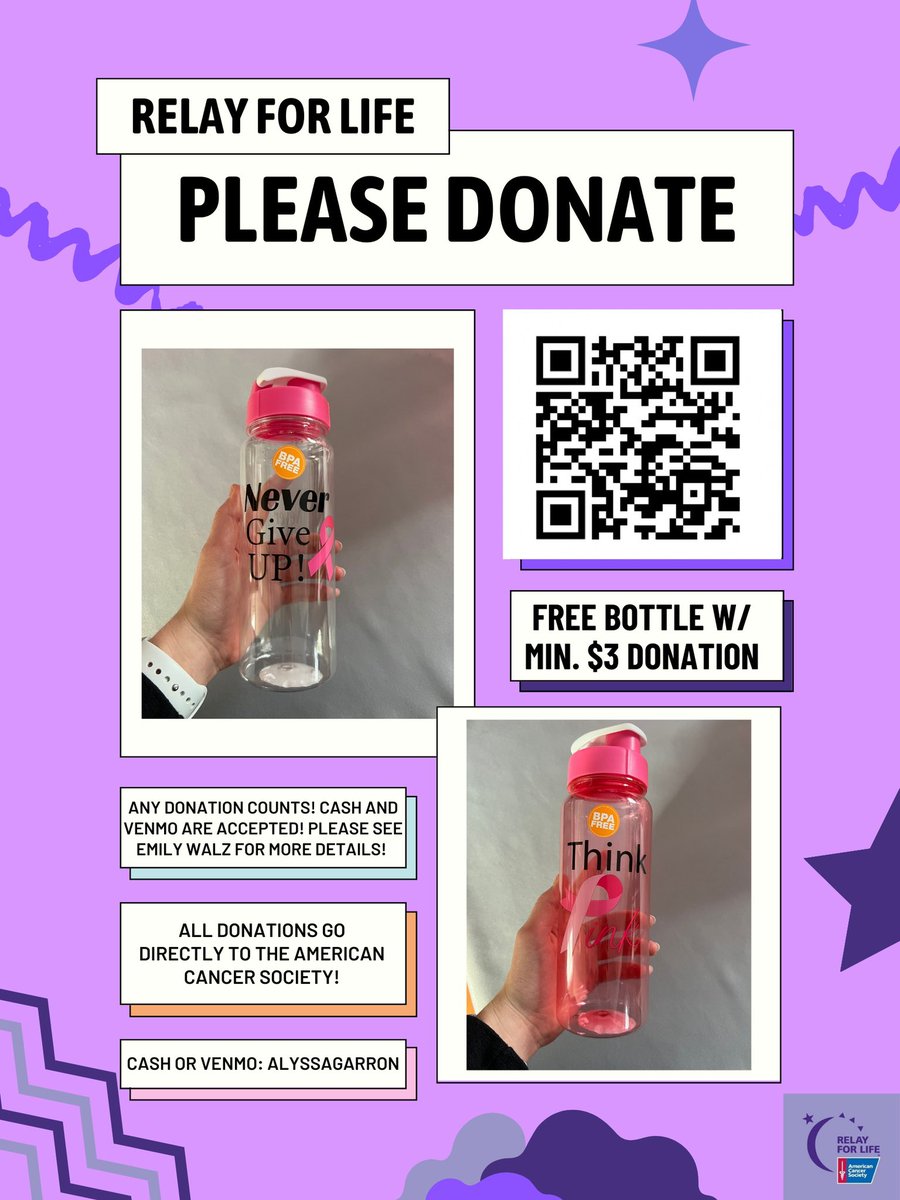 One of our teams, Steps For Stephen, is looking to meet their $1,000 goal in donations to the American Cancer Society! Donations of $3 or more will receive a water bottle pictured below! Please donate! secure.acsevents.org/site/STR?fr_id… <a href="/FazioSally/">Mrs. Fazio 💜</a>