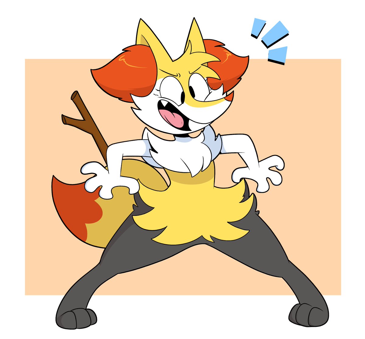 braixen solo furry pokemon (creature) open mouth white fur yellow fur stick  illustration images