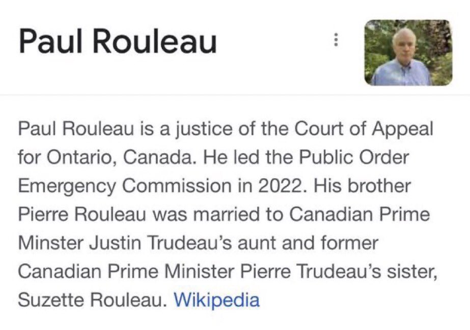 W3lshCanuck's tweet photo. @JimFannonLives @JustinTrudeau The dishonourable uncle Paul S. Rouleau gave his dictating nephew @JustinTrudeau a free pass! Nothing to see here, it’s all corrupt. The emergencies act inquiry was a joke, because we all know the outcome from his uncle #TrudeauCorruption #POEC #POECreport @PierrePoilievre ?? https://t.co/G1ddjmM0mv