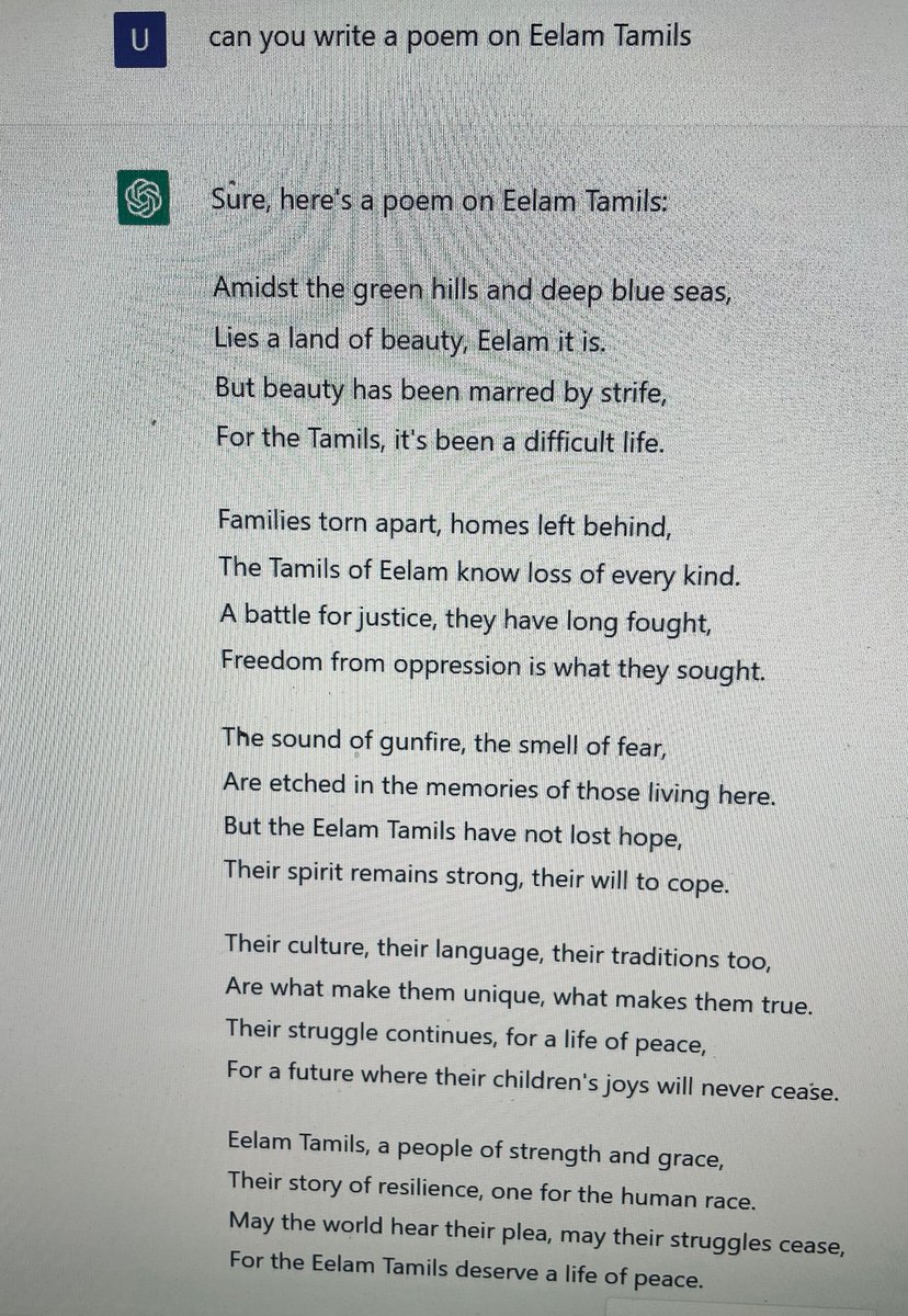 oomaaraa's tweet photo. Asked ChatGPT write a poem on Eelam Tamils. https://t.co/oOUbgmeCZu