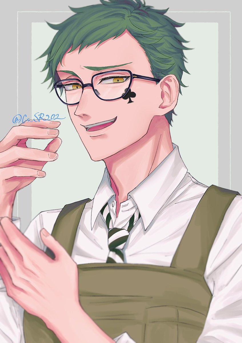 1boy male focus green hair glasses solo necktie shirt  illustration images