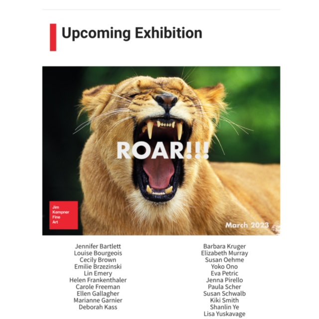 Freemancarole's tweet photo. Louise Bourgeois, Helen Frankenthaler, Yoko Ono, so many more illustrious female artists and…ME 🎉Thrilled to roar with some paintings in ROAR @jimkempnerfineart, installed March 9, opening Thursday, March 16 🎉 Come say hello!  #jimkempnerfineart #groupexhibition #womenartists https://t.co/VHUSznNmdi