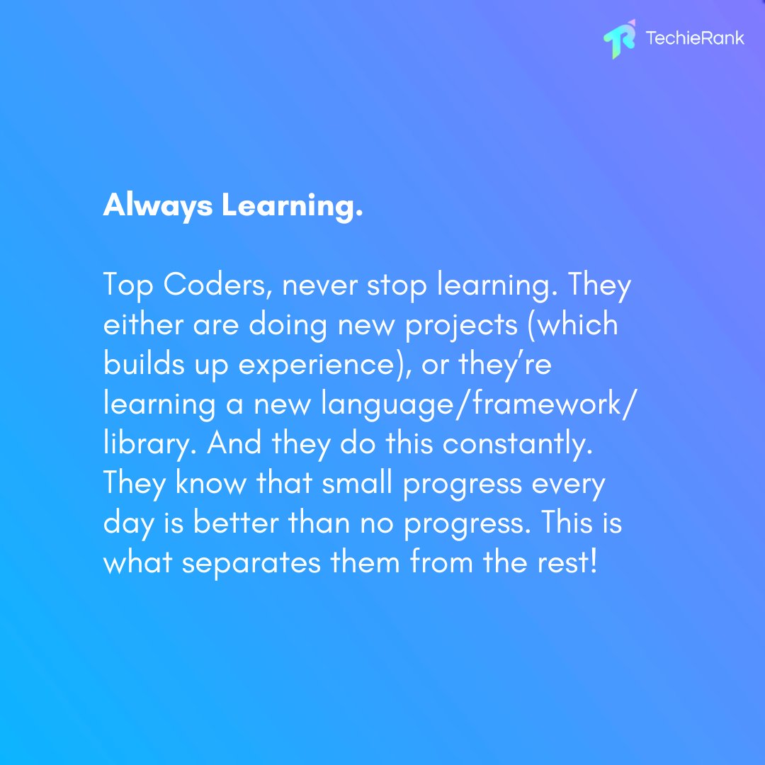 TechieRank's tweet image. Here are some of the habits of the best programmers - start doing these if you want to get to the next level! 💡
#techierank #codingbestpractice #bestprogrammers #goodhabits