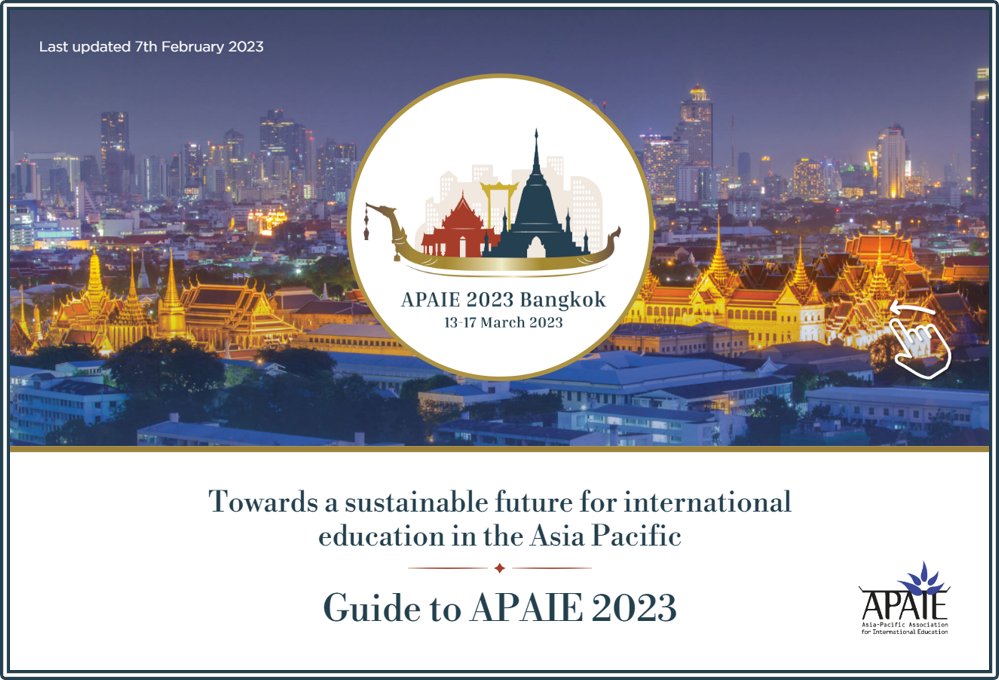 apaieofficial's tweet photo. Are you heading to #APAIE2023 in Bangkok? Check out https://t.co/fcTpu70BEc for details on the schedule, program, and participant list, and to meet our sponsors and exhibitors! We invite you to browse the digital Guide to APAIE 2023 for more info. See you there! #IntlEd #HigherEd https://t.co/9PxvG6XlSs