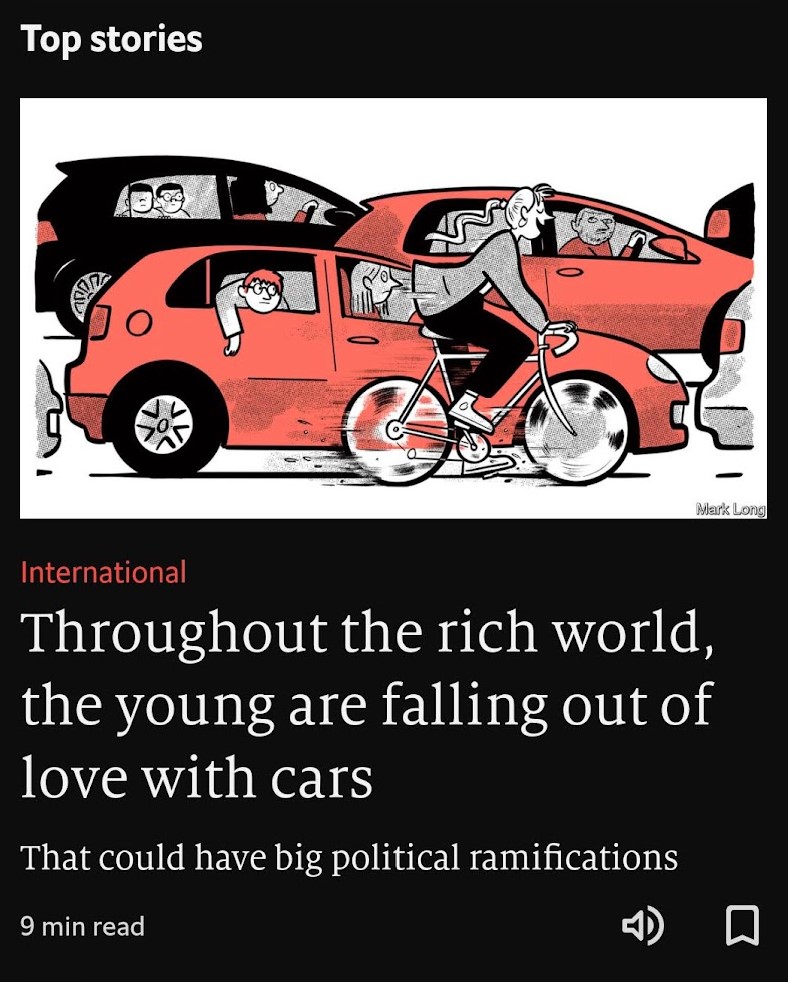 Yeah! Best news I've seen in @TheEconomist in years: - Cities are cutting back on car roads/parking to make space for people walking+biking - Car-free 20somethings have doubled to 25% - featuring an appearance from @TheWarOnCars ! archive.is/qGqco