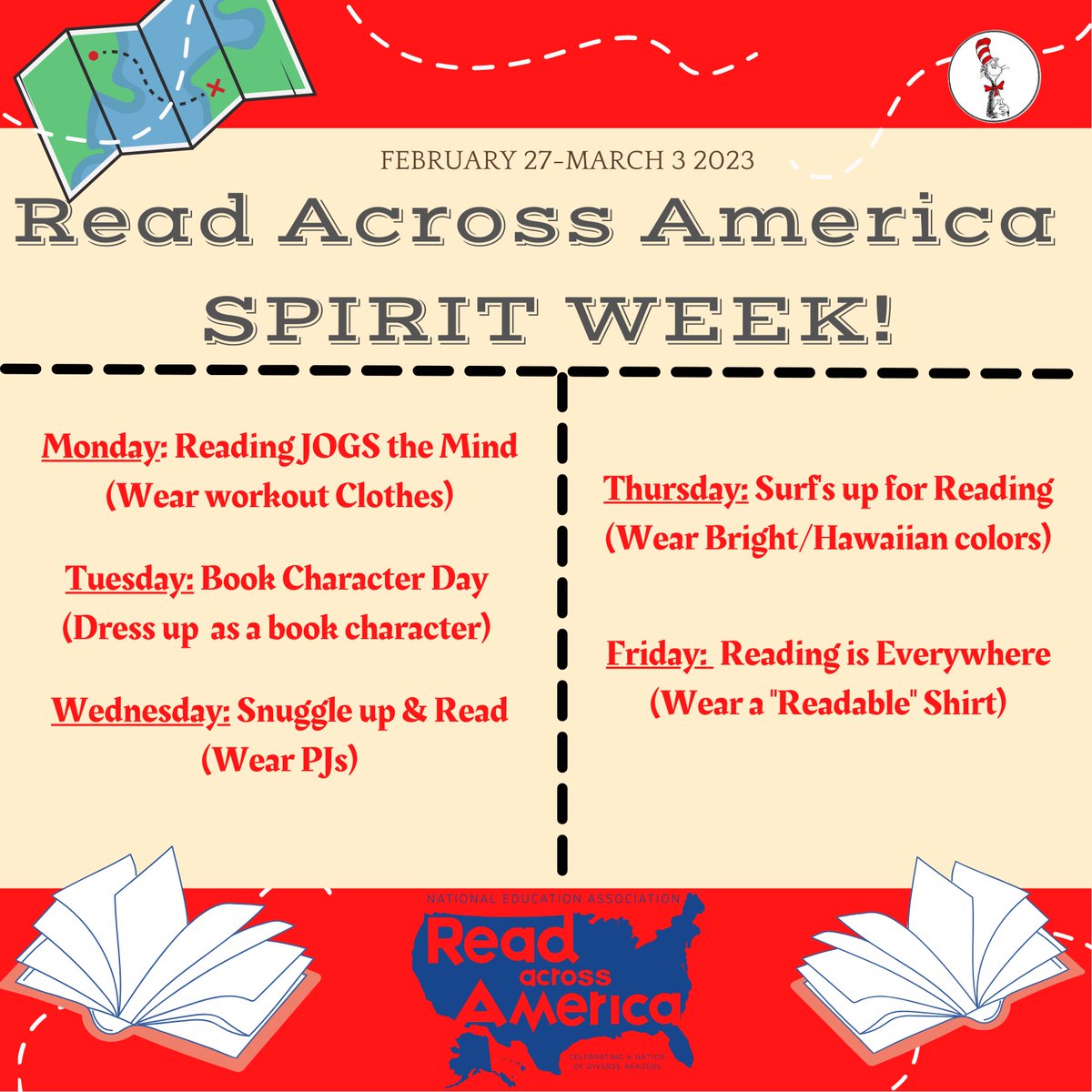 Read Across America spirit week begins next week!

"If you are going to get anywhere in life you have to read a lot of books." -Roald Dahl