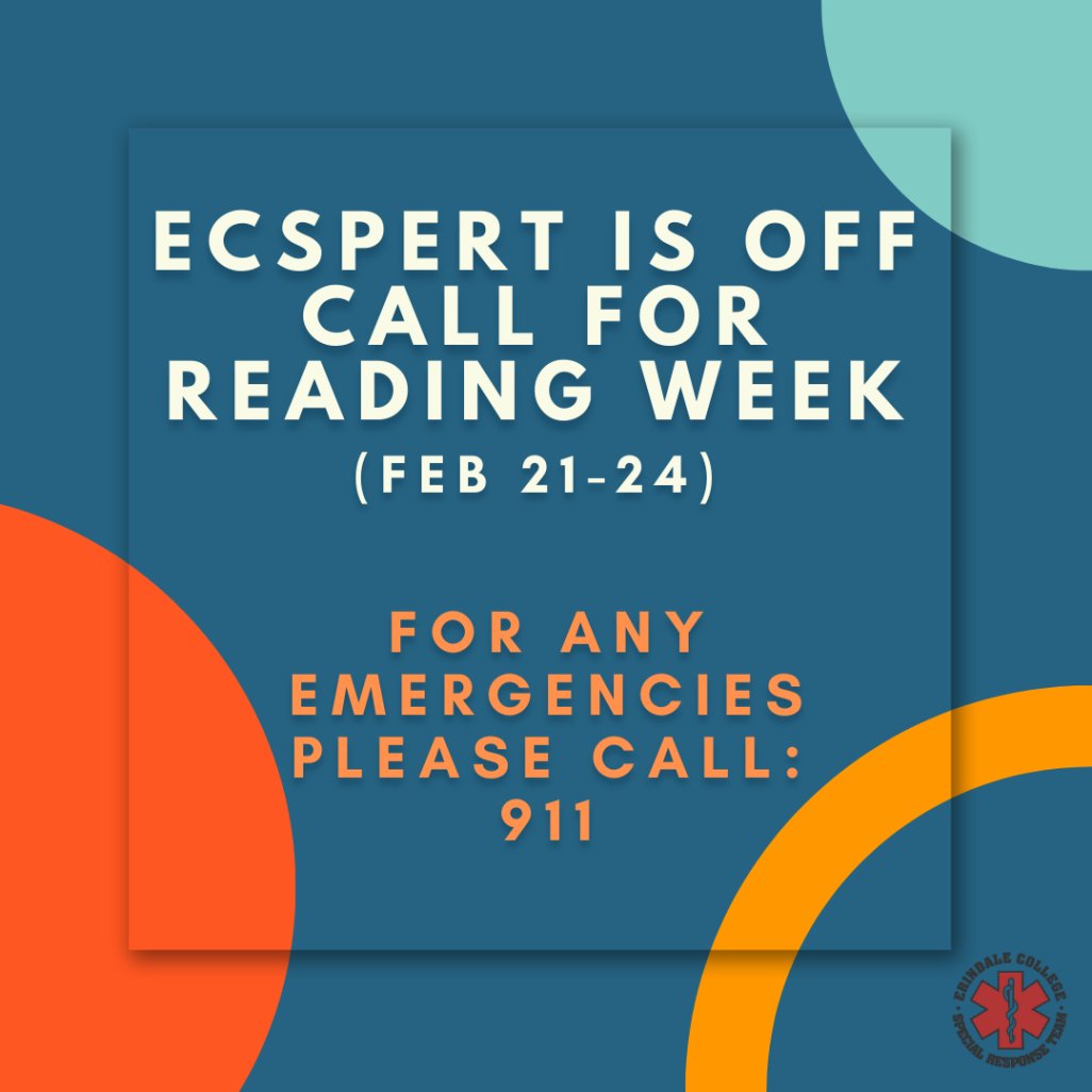 UTM_ECSpeRT's tweet photo. Hello UTM community, 

This is a reminder that ECSpeRT will be off-call during reading week (Feb 21-24). 

Should any medical emergencies occur, please call 911. 

We hope you have a safe and restful reading week! https://t.co/PPg9UEEEEk