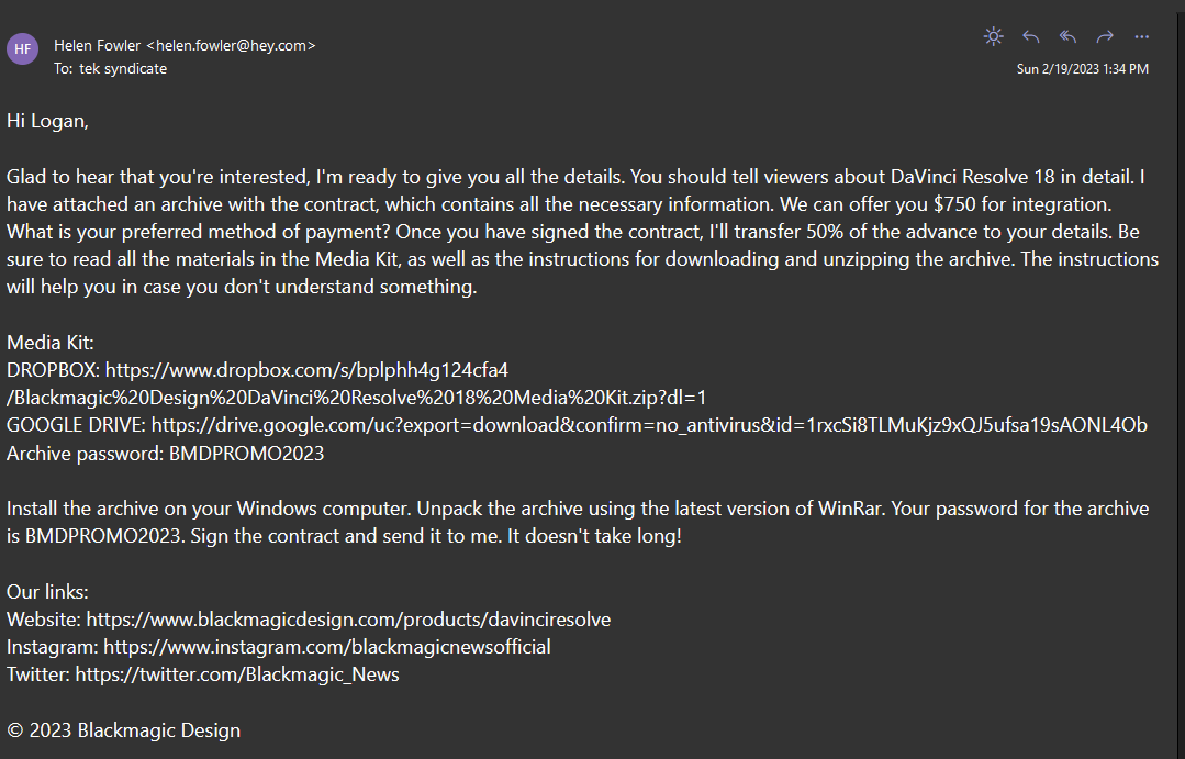 teksyndicate's tweet photo. Hey creators, this is what phishing looks like. You should NEVER have to click weird links and install software to sign contracts. Also, legit emails will come from legit email accounts... not hey dot com. DO NOT CHANCE it. This is how you get hacked. https://t.co/ZgOwRf05I6