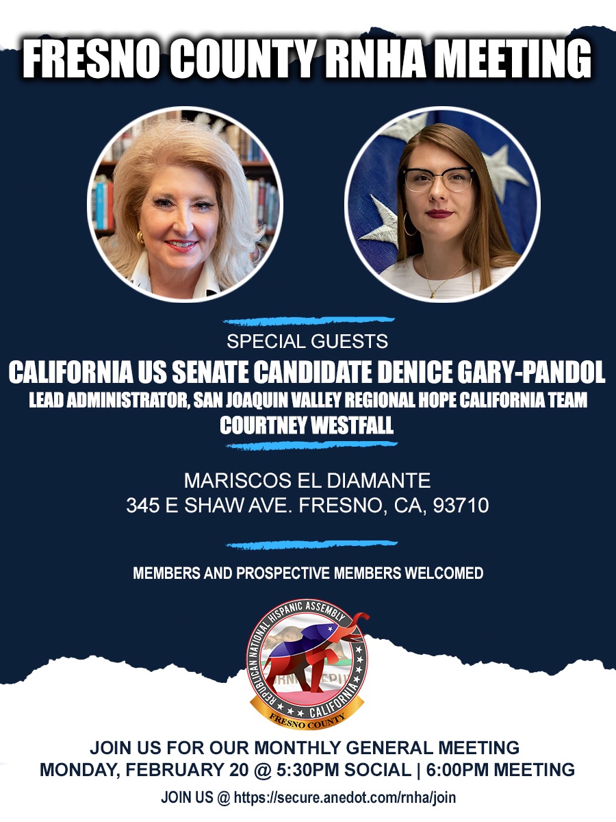 FresnoRNHA's tweet photo. Please join us at our upcoming February 20 General Meeting to hear @Denice4USSenate and Hope California's Courtney Westfall!

We look forward to seeing you there! https://t.co/PZfSXvJlrE