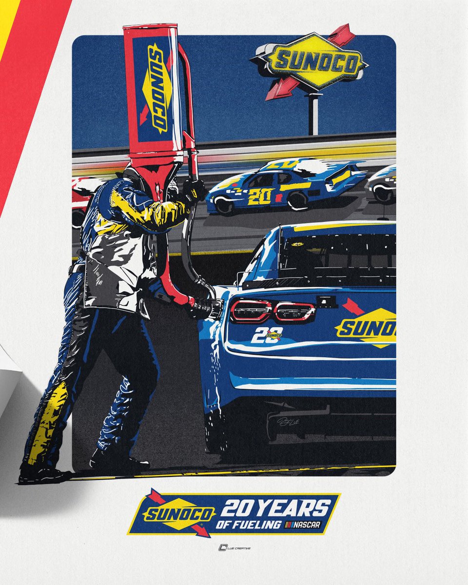 Celebrating 20 years of @NASCAR #FueledBySunoco with an illustrated poster ft. early 2000’s Gen-4’s under the @SunocoRacing sign, a gas man fueling the modern-day #NextGen, & our “20 Years of Fueling #NASCAR” logo. 🏁

#sunocosociety #daytona500 #luecreative #fuelingvictories