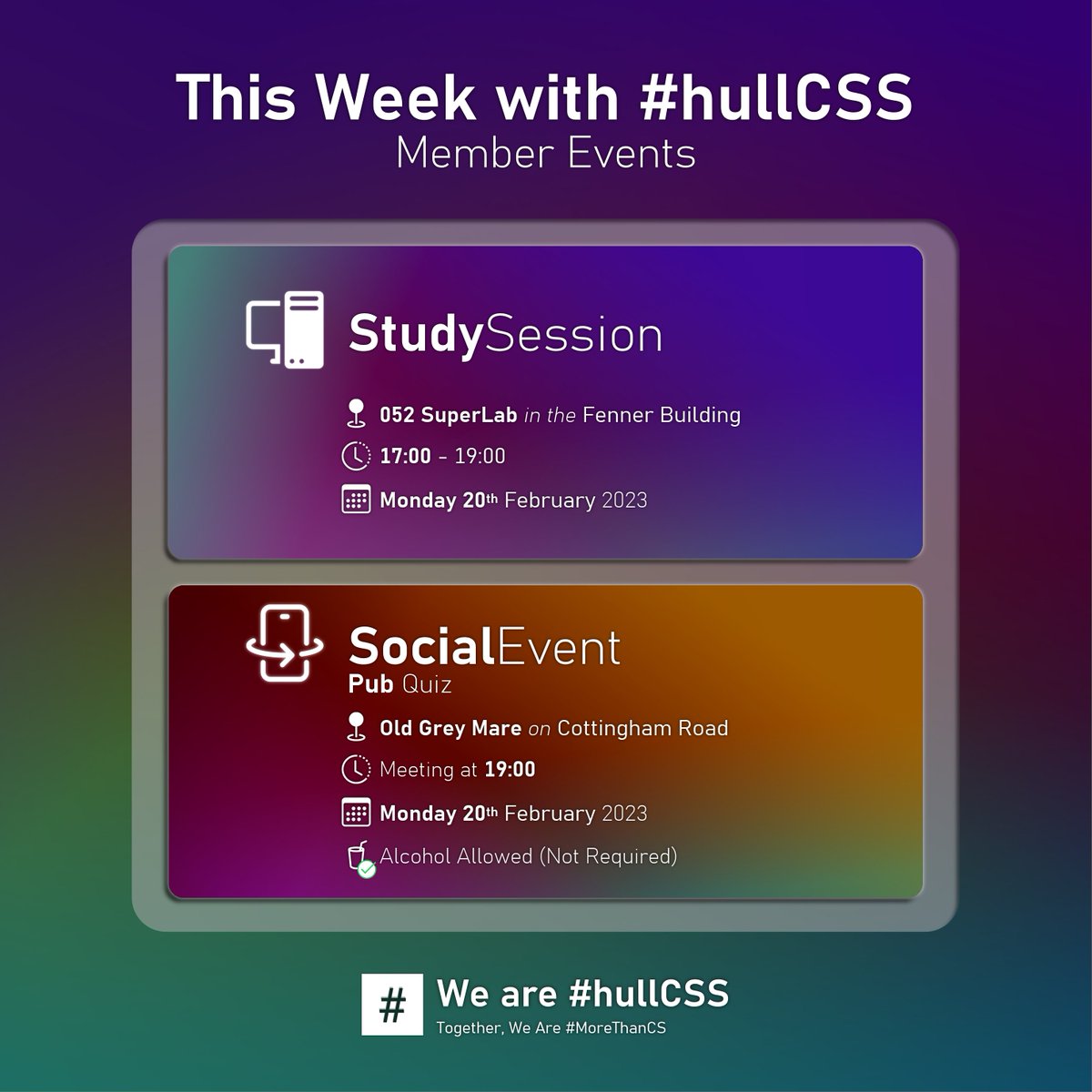 hull_CSS's tweet image. Hi All,
We've got a double billing this week with both a Study Session and a Pub Quiz!
More information will be released on socials & Discord and the STEM Ball is coming soon!
We are #hullCSS
Together, We are #MoreThanCS