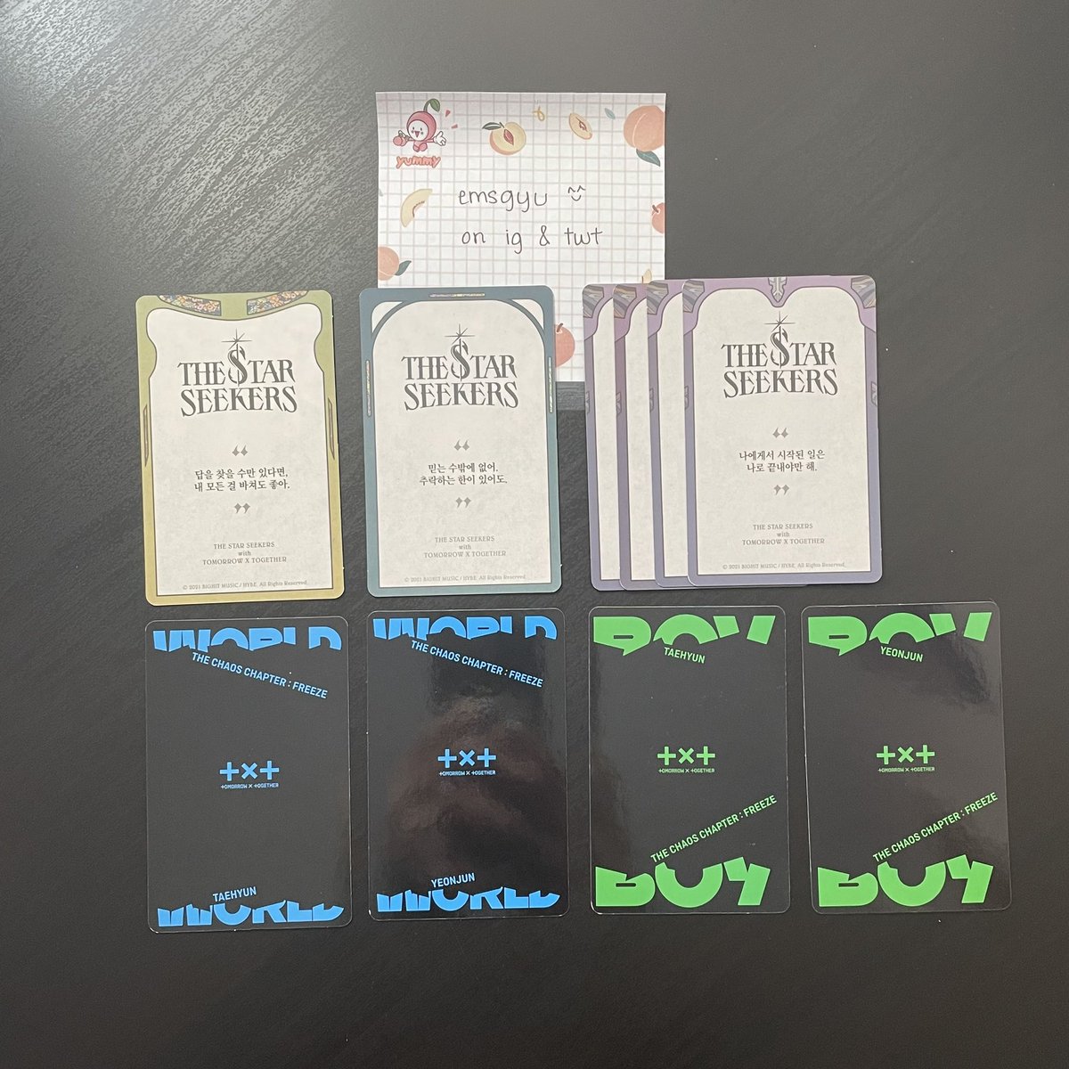 emsgyu's tweet photo. txt pcs

📍usa based, ww okay! 
🦋 top row: $3 each + shipping
🦋 bottom row: $8 each + shipping

- please read my info + rules first
- dm if interested ! ty <3

🏷 :: wts wtt txt tomorrow x together photocard pc pcs the chaos chapter: freeze kpop yeonjun taehyun hueningkai hyuka https://t.co/GtlEBMfKxf