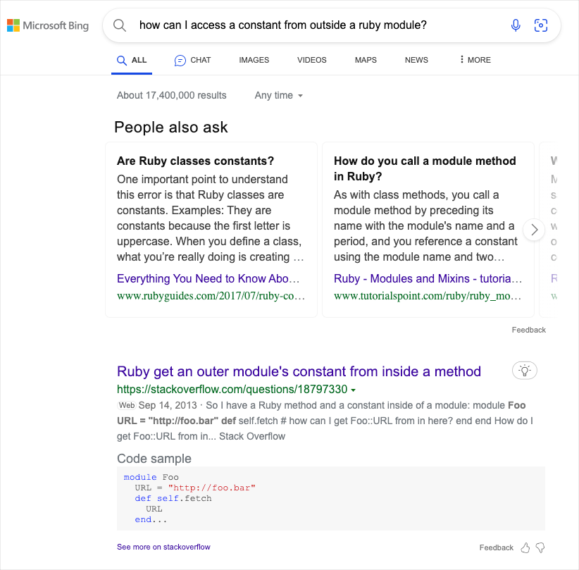 Today's question was how to access a #ruby constant from outside of a module

Search Engines 👎
ChatGPT 👍

Search gave me links to sites that I had to read through and maybe find the answer

#ChatGPT just gave me the answer with explanation

<a href="/Google/">Google</a> <a href="/bing/">Bing</a> time to up your game