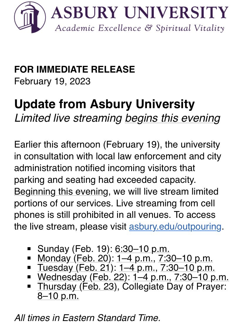 ChadHedrickKY's tweet photo. Live streaming of the continuing service from Asbury University is available at select times. This comes as parking and seating have exceeded capacity. #WKYT https://t.co/zmMxEkeQgX