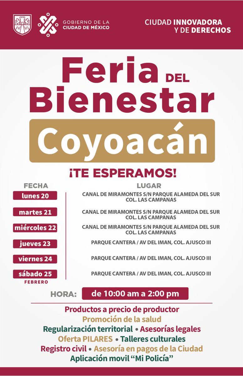 EliuthYamile's tweet photo. Calendario
¿YA CONOCES TODO LO QUE HAY?
✅Registro Civil🗒️
✅Servicios de salud🩺
✅Abasto de alimentos🍎
✅Programas para el Bienestar Coyoacán
✅Asesoría legal
✅ Actividades deportivas y culturales.
Asiste desde las 10:00 hasta las 14:00 hrs.
📍TE ESPERAMOS EN #alamedasur https://t.co/skxXJD3FoS