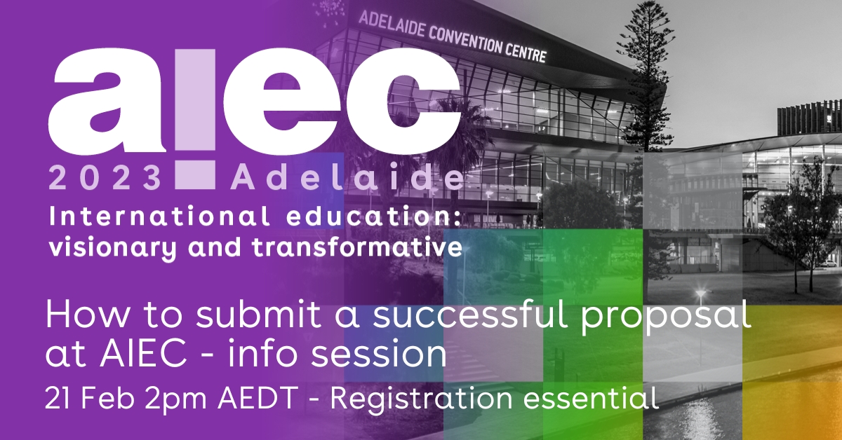 AIEC's tweet photo. Interested in submitting a proposal for #aiec2023 but don’t know where to start?  Do you want to know how to make your proposal stand out from the crowd? 
Make sure you join this info session - 21 February at 2PM - register at https://t.co/xGJPDOs3YI https://t.co/GBUmmn5dhx