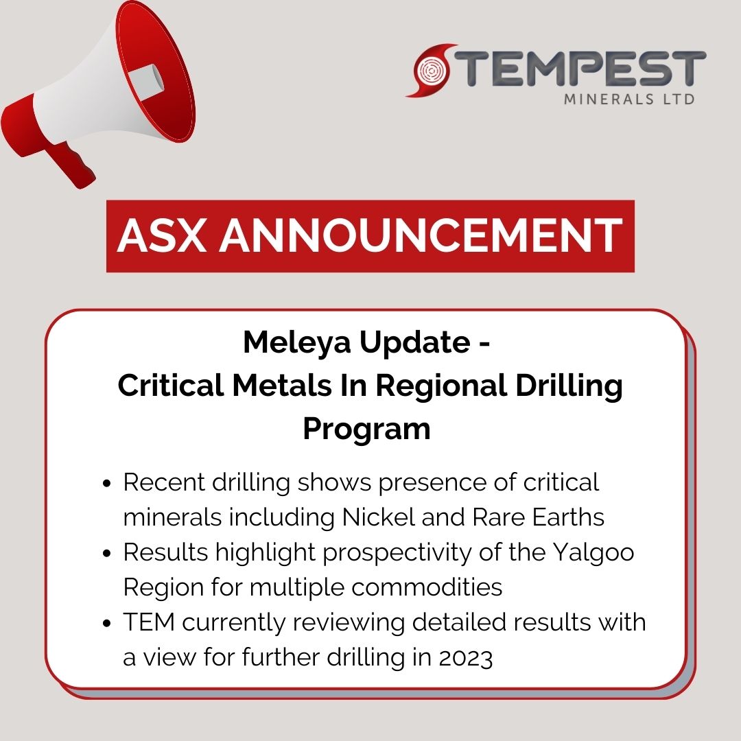 tempestminerals's tweet photo. Critical Metals In Regional Drilling Program
$TEM is pleased to update the market regarding assay results received from drilling completed in late 2022 the #Meleya Project.
Read or Comment by joining the Investor Hub: https://t.co/aFZVaI48cX
#asx #miningindustry #raremetals https://t.co/UBjgeDMpW9