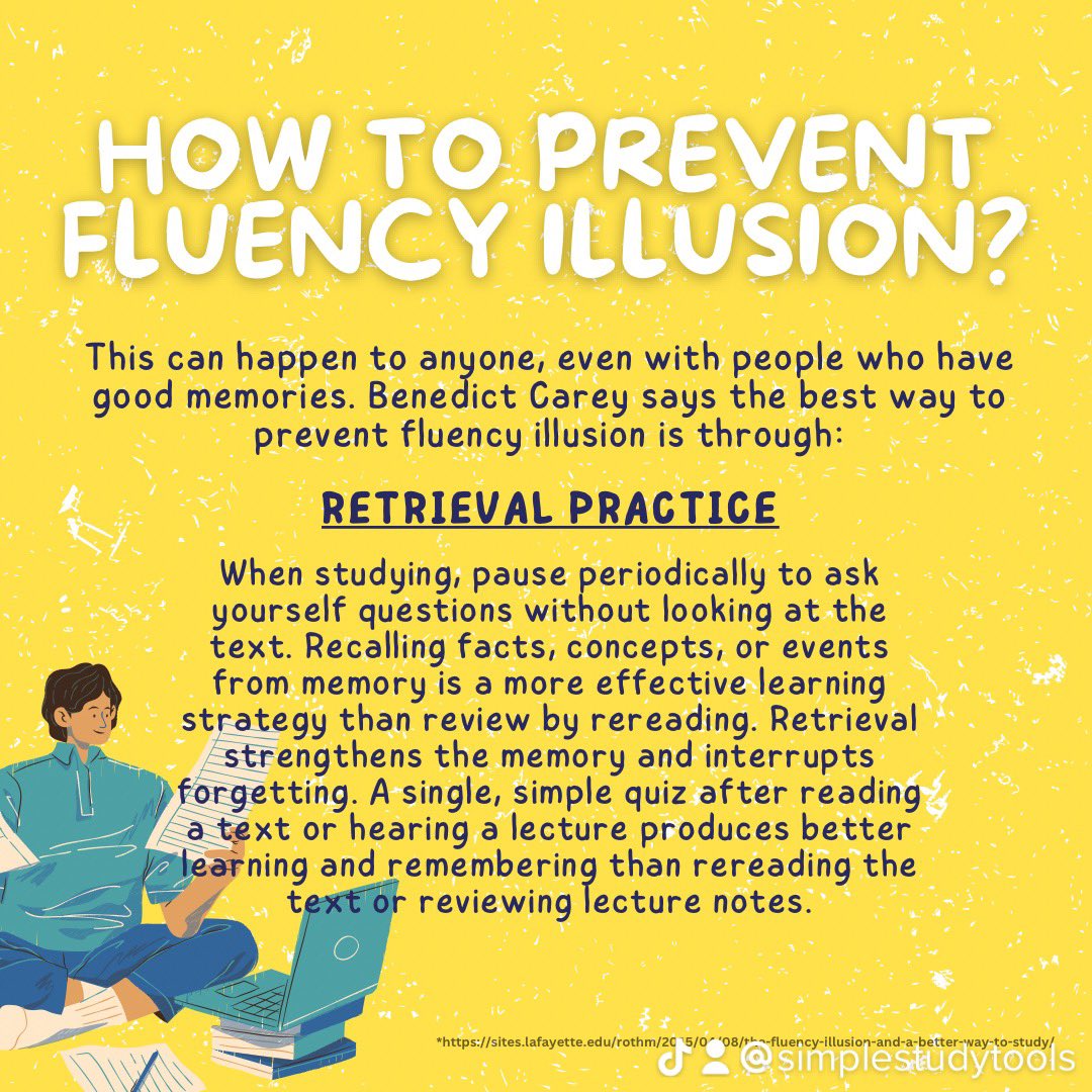 simplestudytool's tweet photo. #fluencyillusion is real and happen to anyone! don't let it prevent your study ethic — use this tips of #retrievalpractice to learn how to avoid falling for  fluency illusion!
#study #studytwt #motivation #simplestudytools https://t.co/wULF74iw8E