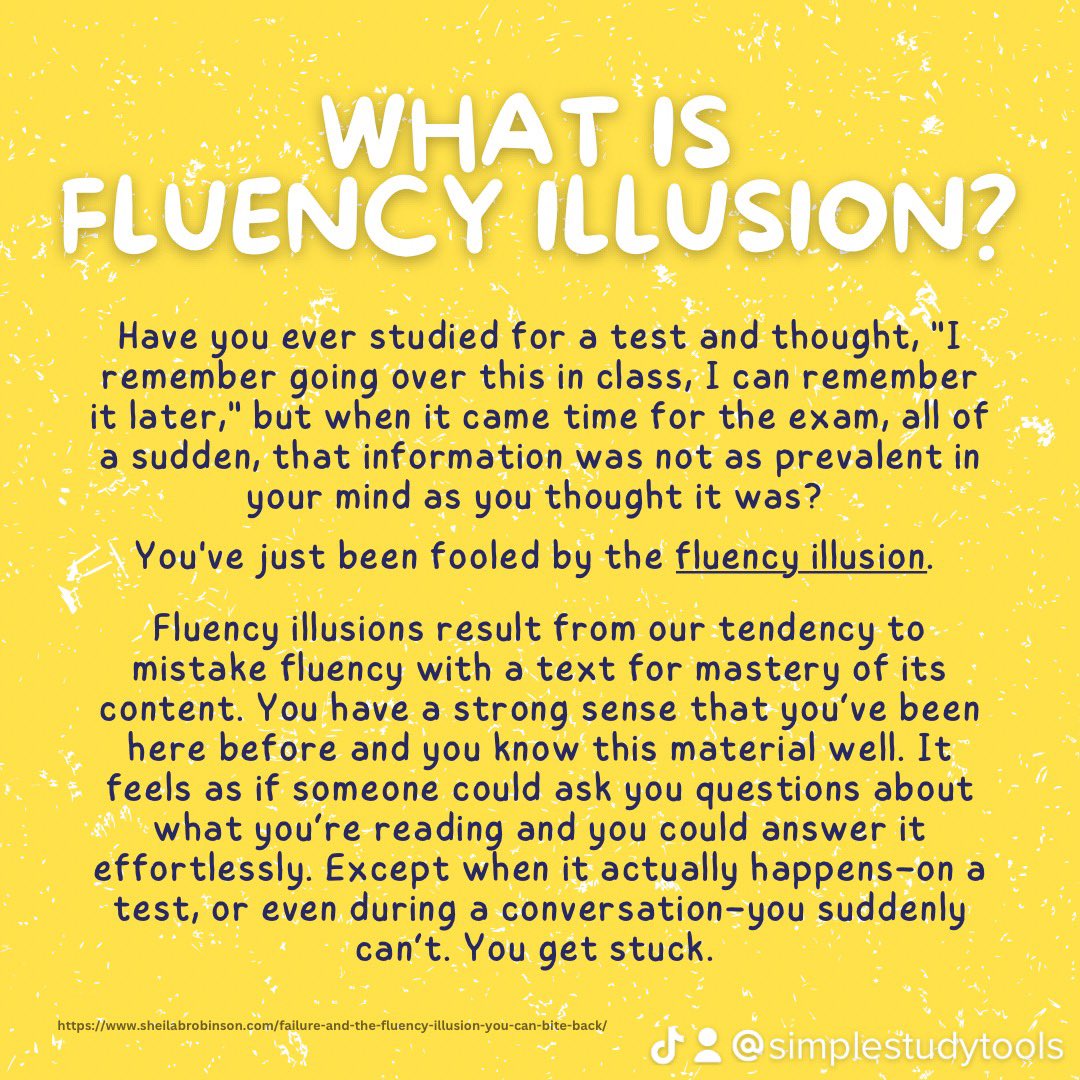 simplestudytool's tweet photo. #fluencyillusion is real and happen to anyone! don't let it prevent your study ethic — use this tips of #retrievalpractice to learn how to avoid falling for  fluency illusion!
#study #studytwt #motivation #simplestudytools https://t.co/wULF74iw8E