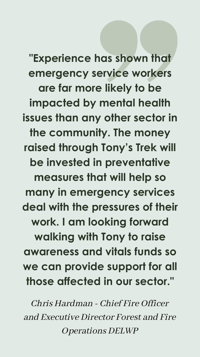 #TonysTrek aims to raise awareness of the mental toll emergency service work can take on the those who work and volunteer to support our communities when disaster strikes. 

<a href="/FFMVic_Chief/">Chris Hardman</a> <a href="/FFMVic/">ForestFireManagement</a> - Tony's Trek Ambassador