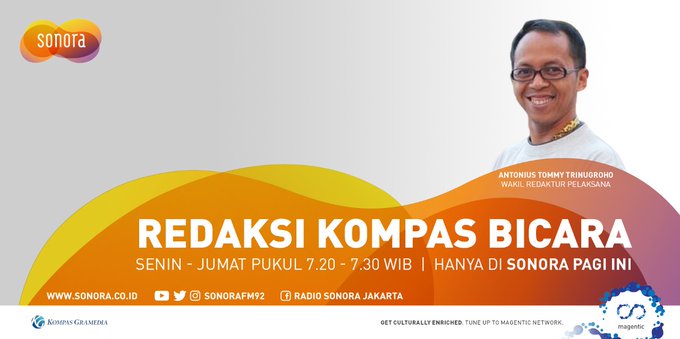 SonoraFM92's tweet photo. #NOW Simak ulasan #RedaksiKOMPASBicara bersama Mas Tommy Tri Nugroho - Wakil Redaktur pelaksana @hariankompas
di #Sonoranetwork & #SmartFMNetwork
Streaming:
https://t.co/uhOhw5Kk2n
Live IG: @sonorafm92 https://t.co/jw20vutxwn