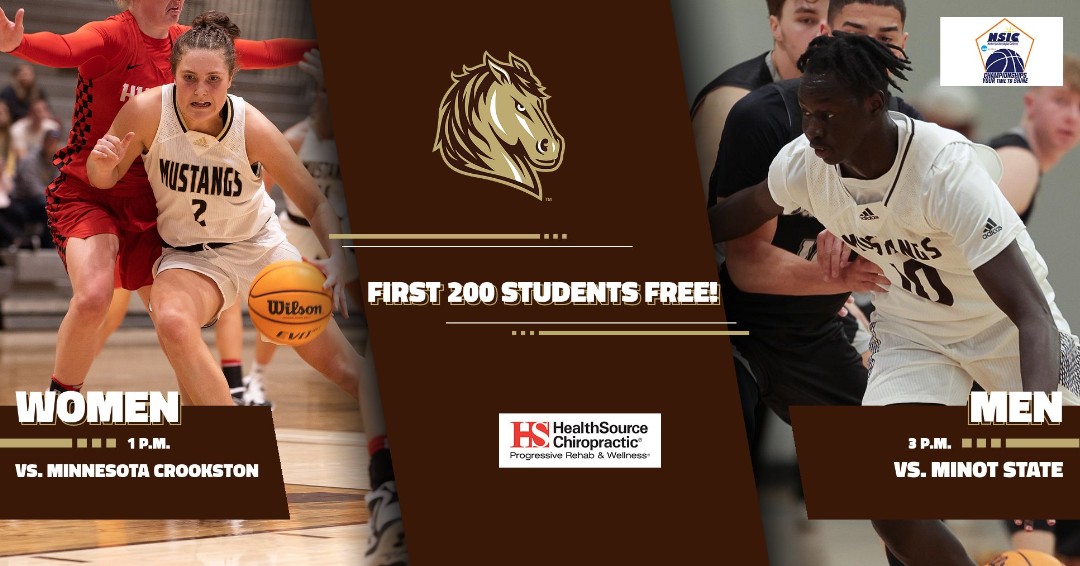 🚨MUSTANG STUDENTS🚨 

Your Mustang basketball teams host a doubleheader for the first round of the NSIC Tournament on Tuesday afternoon. The first 200 SMSU students FREE, courtesy of HealthSource Chiropractic of Marshall! Fill the R/A and support the Mustangs! #LetsRide
