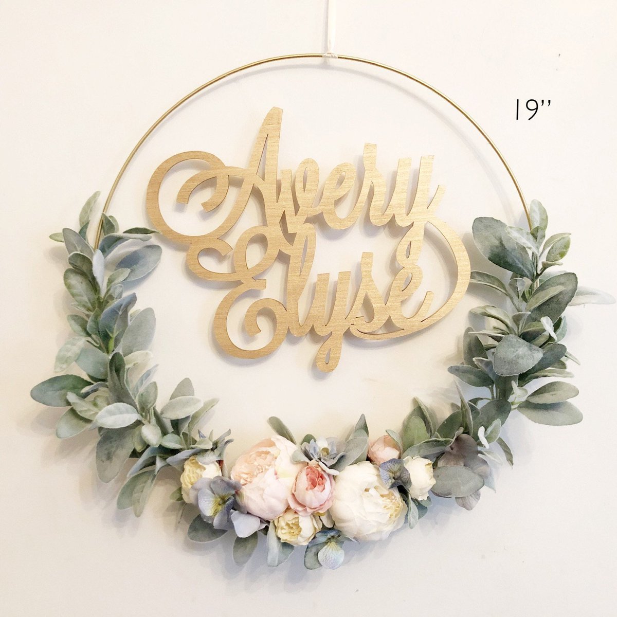 Excited to share this item from my #etsy shop: 14' Nursery Hoop with Name - Farmhouse Style - Girl Nursery #babyshower #virtualbabyshower #lambsearswreath #peonieswreath #cakesmashbackdrop #greenerybabyshower #nurserywalldecor #wreathfornursery etsy.me/3IgVZSO