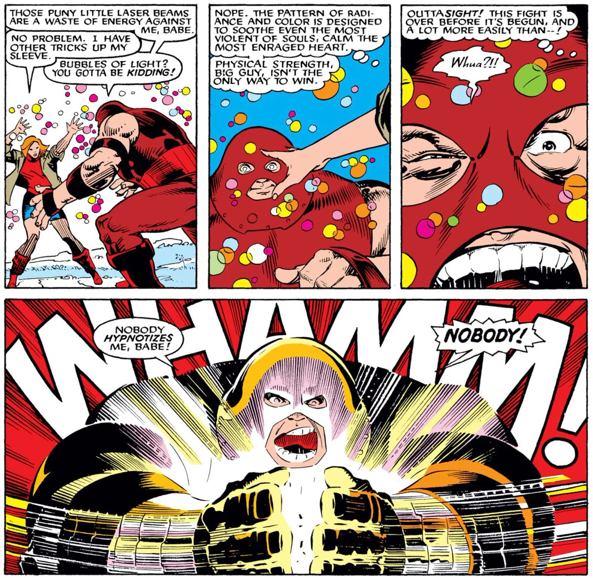 MarvelDailyArt's tweet photo. Dazzler is pretty confident that she can take Juggernaut on her own. Dazzler is wrong. โNobody hypnotized me, babe! NOBODY!โ #marvel #xmen #whamm https://t.co/ce6xJSJIuw