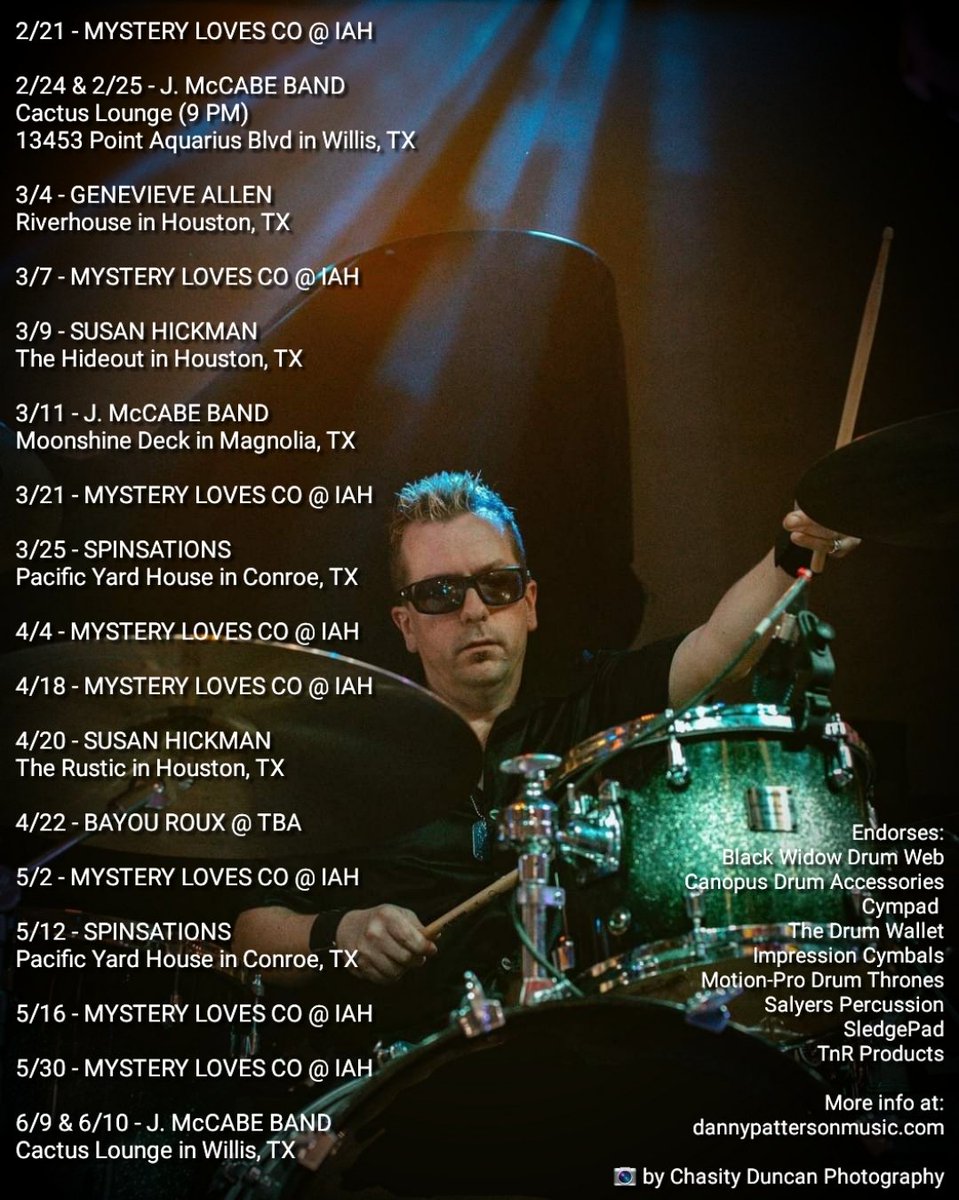 DPattersonMusic's tweet photo. Upcoming dates ...
@SalyersPerc @tnrproducts @SledgePad @castleclutch @CYMPAD_USA @ImpCymbals @Alesis @LPPercussion @JHAudio @remopercussion @kens_wer #thedrumwallet #motionpro_drumthrones #drummer #giglife #workingdrummer #drummerforhire #drummersoftexas #dannypattersonmusic https://t.co/jCH1H1oPyo