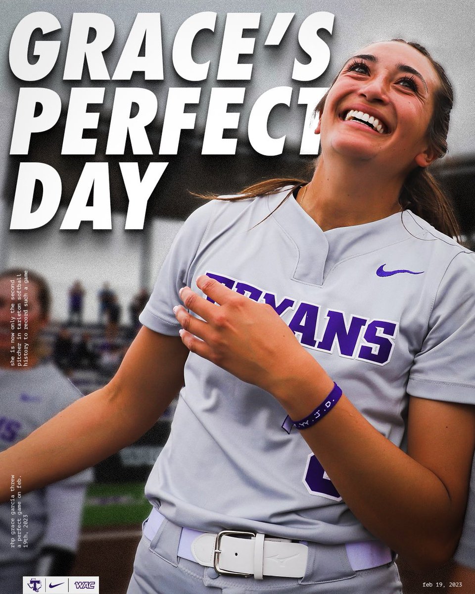 Grace’s Perfect Day 🤩

RHP Grace Garcia throws a perfect game on Feb. 19, 2023 against Texas A&amp;M Commerce. 

She is now only the second pitcher in Tarleton Softball history to record such a game.