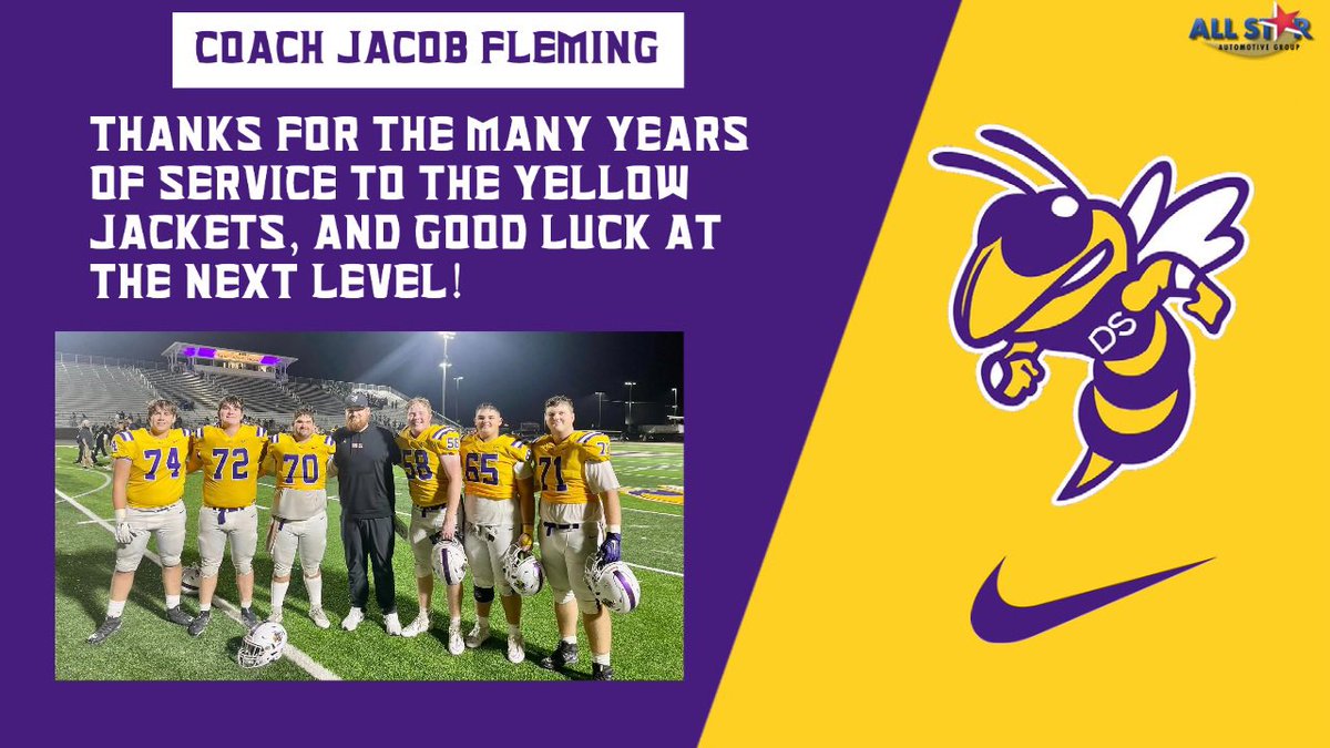 denhamspringsFB's tweet photo. Congratulations to Coach Fleming for accepting a collegiate coaching position. We can’t thank him enough for his dedication to the Yellow Jackets and the influence he’s provided to our young adults the past 6 years.  #ThankYouCoach #W1NasONE https://t.co/XmZbEw7Ouu