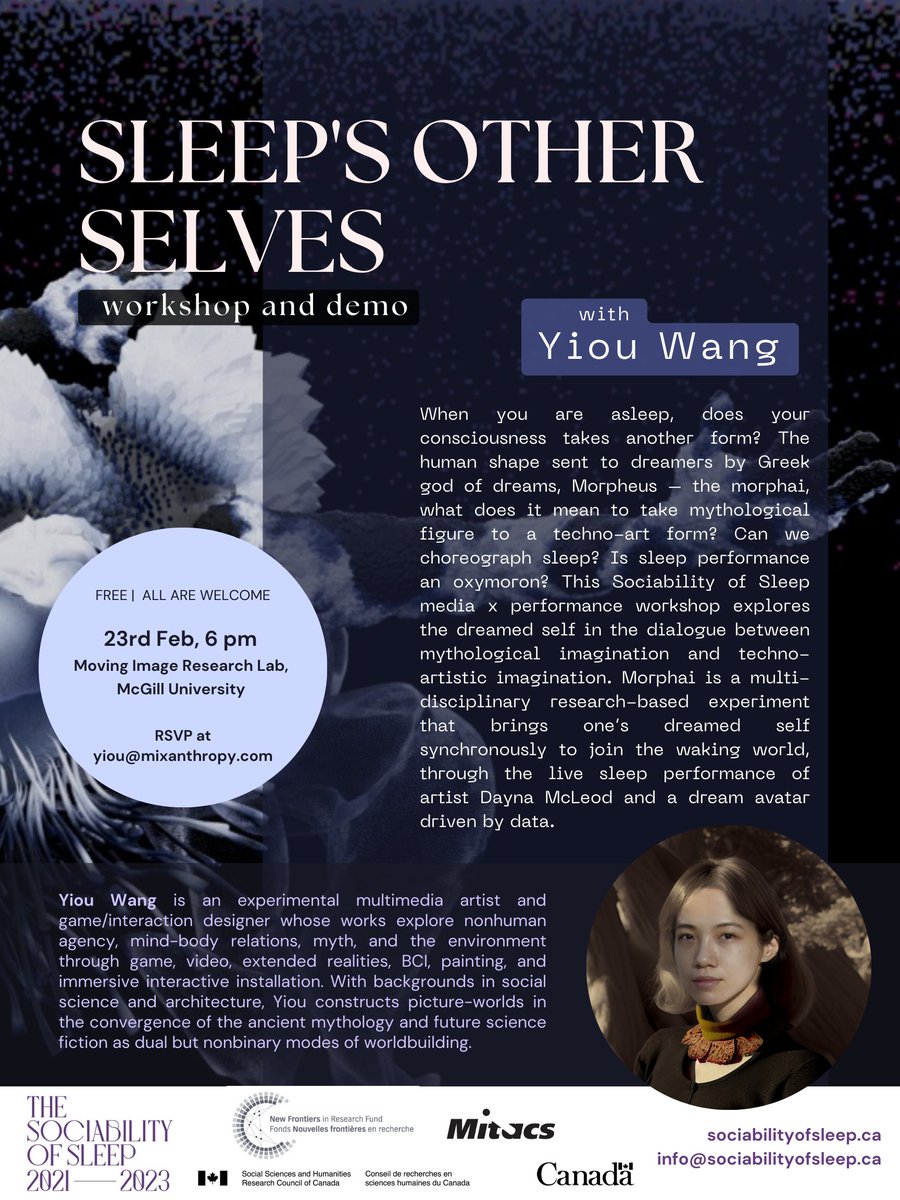 Soc_of_sleep's tweet photo. Sleep's Other Selves
While sleeping, does your consciousness take another form?
This Sociability of Sleep media x performance workshop explores the dreamed self in the dialogue between mythological imagination and techno-artistic imagination.
#sociabilityofsleep #sleepresearch https://t.co/x3kBx8gq12
