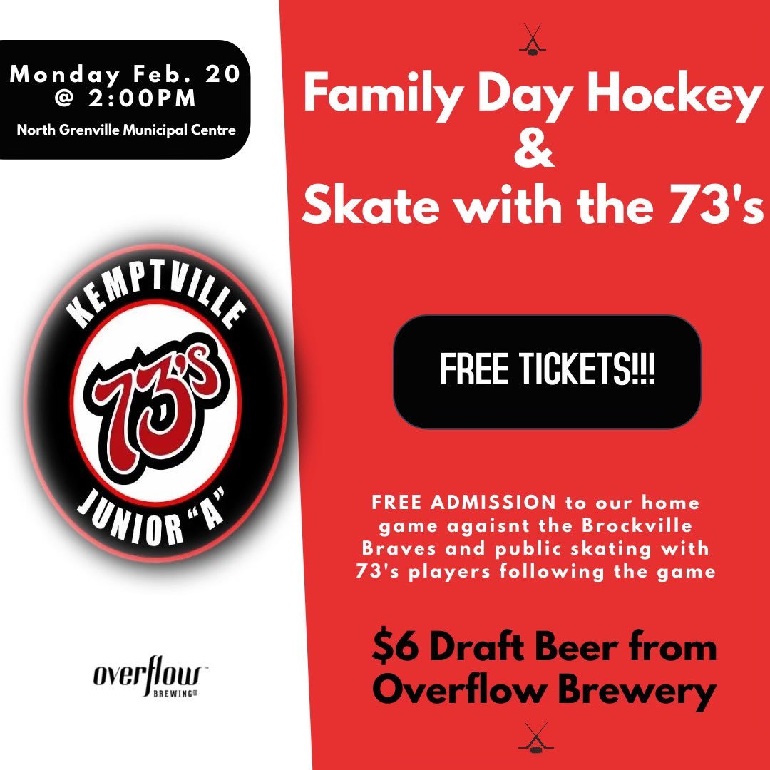 ‼️FREE GAME ENTRANCE‼️
This family day, Monday February 20th the 73’s will be hosting a FREE Family day game vs 
<a href="/BrockBraves/">Brockville Braves</a>
 followed by a FREE skate with the 73’s after.