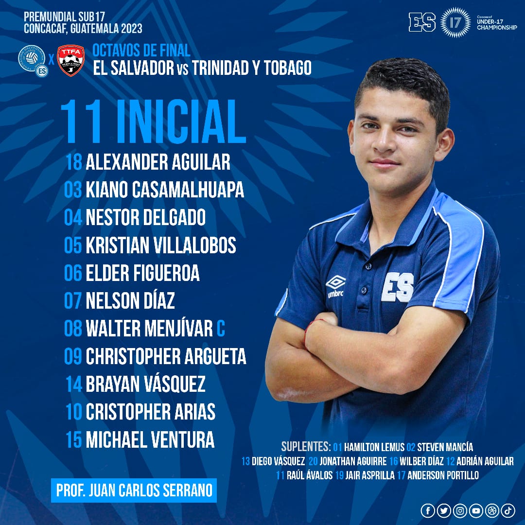 EDH_Deportes's tweet photo. Este es el once con el que salta la #Azulita #Sub17 para el partido contra #TrinidadTobago, de #OctavosFinal #PremundialSub17 https://t.co/Pf942XTRut