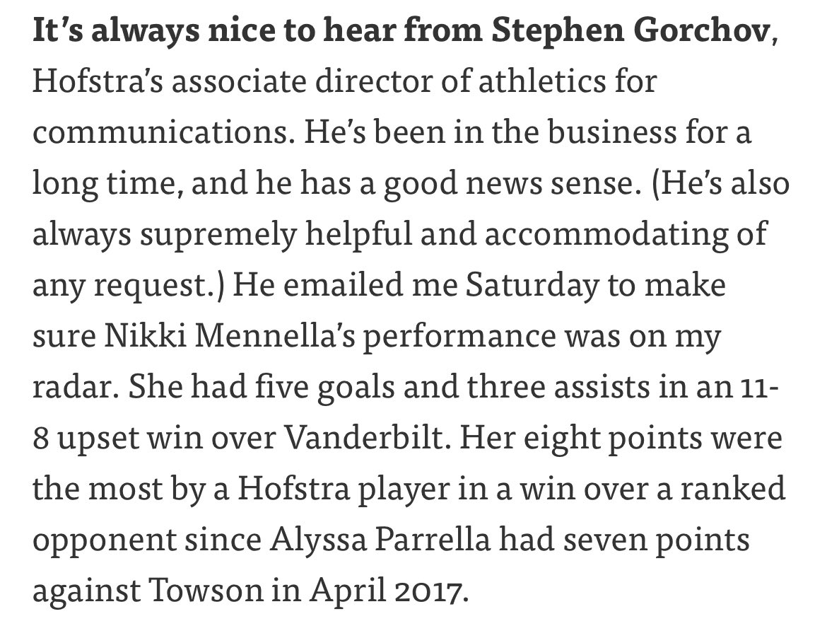 Some well-deserved recognition from <a href="/kennydejohn/">Kenny DeJohn</a> for <a href="/StephenGorchov/">Stephen Gorchov</a>.

A big thank you to all of the <a href="/CollSportsComm/">College Sports Communicators</a> crew throughout <a href="/CAASports/">Coastal Athletic Association</a> for your efforts in this hectic time of year.

And congrats to <a href="/coach_smith3/">Shannon Smith</a> and <a href="/HofstraWLAX/">Hofstra Women's Lacrosse</a> on Saturday’s big win!