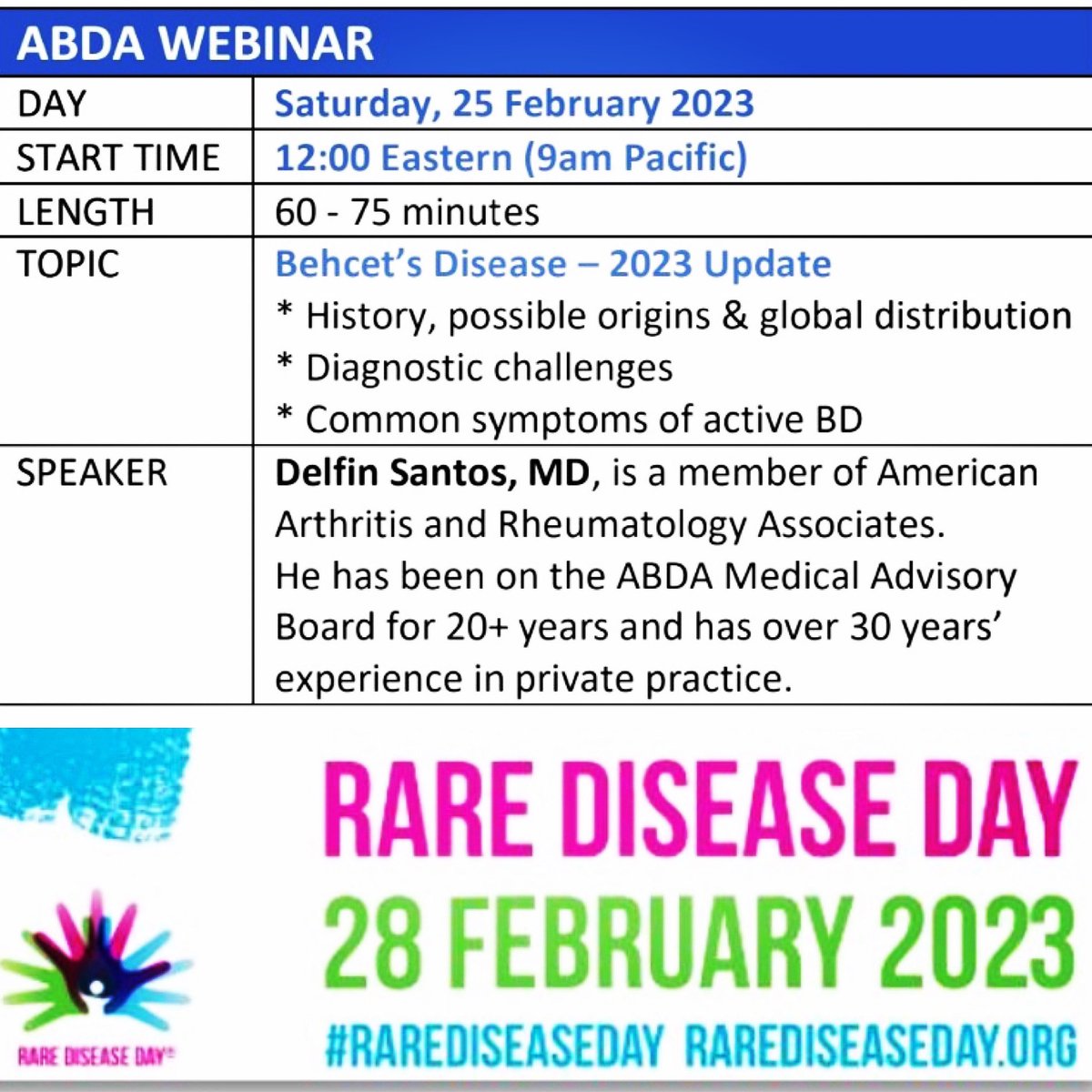 behcets_usa's tweet photo. Dear Behcet’s Community: 
Please join us for another live ABDA Webinar.  Use this link to register today!

https://t.co/kxb4PbcvRE 

We look forward to connecting with you again soon.
Warmest regards, 
American Behcet’s Disease Association. https://t.co/Bej4sE2Cct
