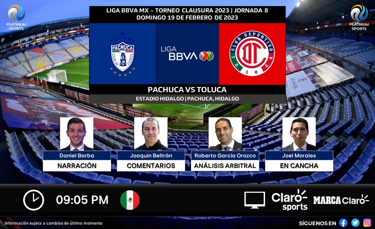 ⚽️ #LigaBBVAMX 🇲🇽 | @Tuzos vs. @TolucaFC 
🇲🇽📺 @MarcaClaro (@ClaroSports)
🎙️ @DanielBarba_ 
🎙️ @capibeltran 
🎙️ @RobertoGarcaOr1 
🎙️📝 @JoeMorales_10 

#ClaroConTodo #Jornada8
