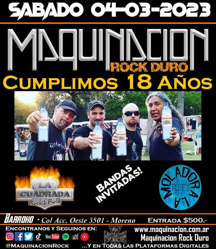 MaquinacionRock's tweet photo. Los amigos de
La Cuadrada y La Moladora son quienes nos van a acompañar en nuestra fiesta!!
#18años de #Rock #Duro
#TeEsperamos 
.
.
.
.
.
.
#Maquinacion #Cumpleaños #festejos #buenosairescity #flyerdesign  #festejodecumpleaños #flyerspublicitarios #flyersdigitales #showenvivo https://t.co/IyaiZxSaqH