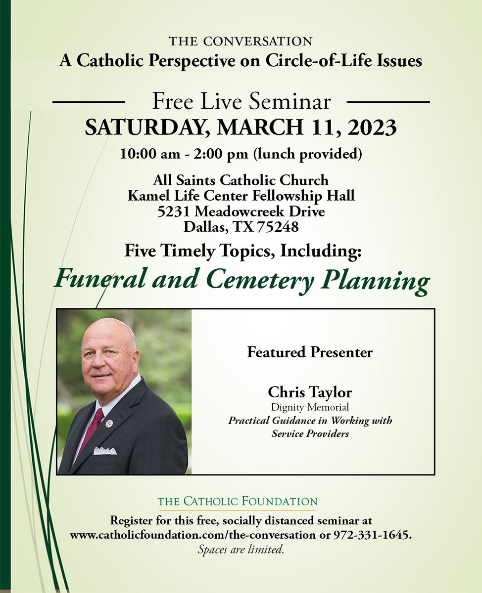 CatholicFnd's tweet photo. RSVP for “THE CONVERSATION: A Catholic Perspective on Circle-of-Life Issues” for March 11, 10 am to 2 pm at @AllSaintsDallas.

For more info on the free program &amp; registration, visit https://t.co/DuE6GXsGCn https://t.co/ALhZnlMpX6