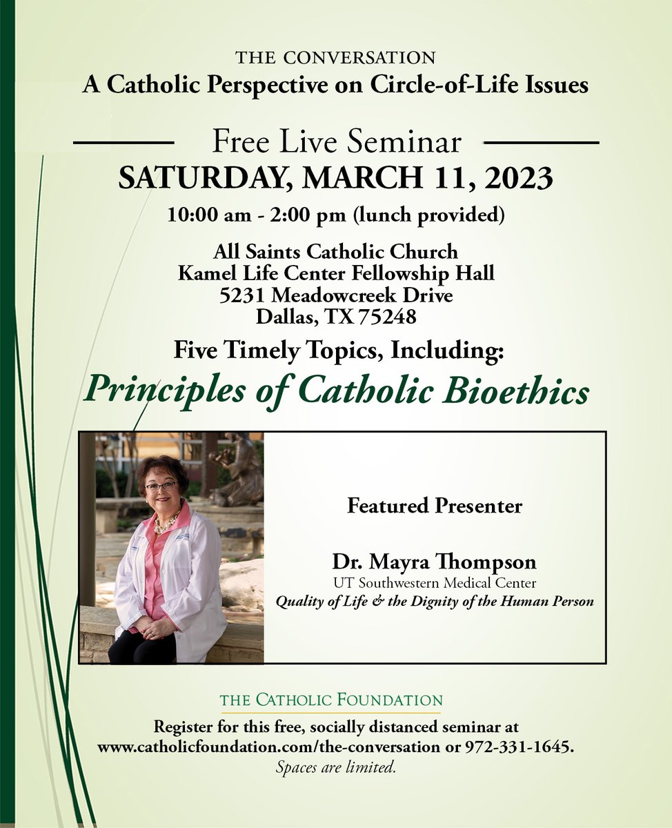 CatholicFnd's tweet photo. RSVP for “THE CONVERSATION: A Catholic Perspective on Circle-of-Life Issues” for March 11, 10 am to 2 pm at @AllSaintsDallas.

For more info on the free program &amp; registration, visit https://t.co/DuE6GXsGCn https://t.co/ALhZnlMpX6